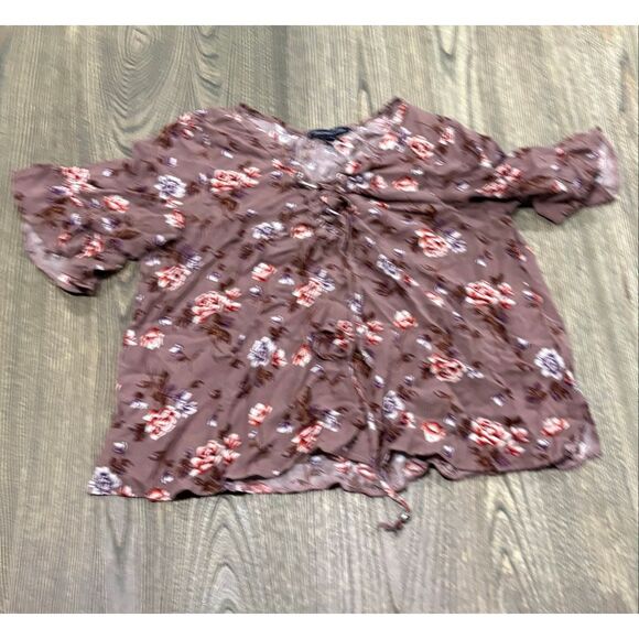 American Eagle Outfitters Tops - American Eagle Womens Blouse Floral Lace-Up Front Short Sleeve Brown Size M